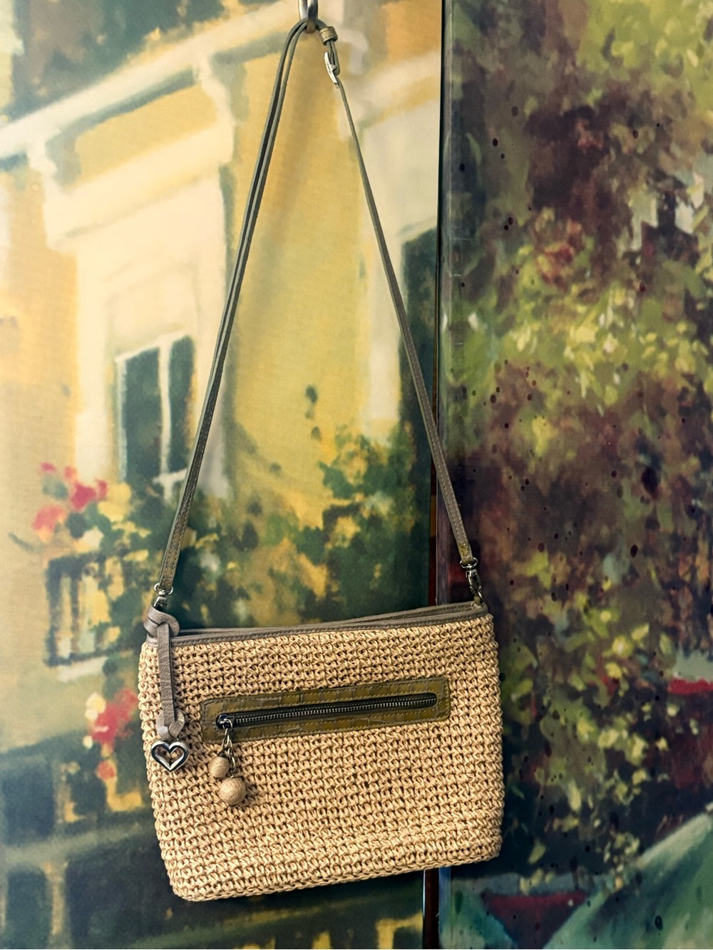 Brighton Straw Crochet Bag with Olive Green Croc-Embossed Leather Trim